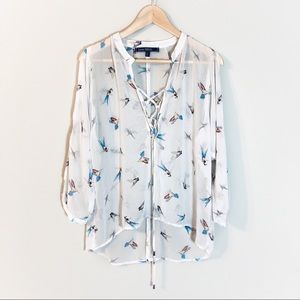 Love Stitch | Cold Shoulder Lace Up Bird Blouse